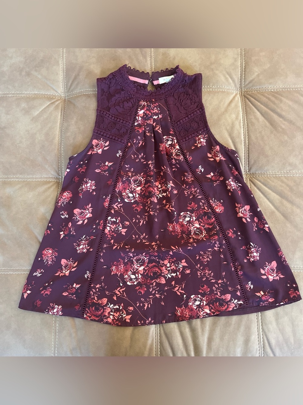 Taylor & Sage Burgundy Floral Lace Yoke Sleeveless Blouse
